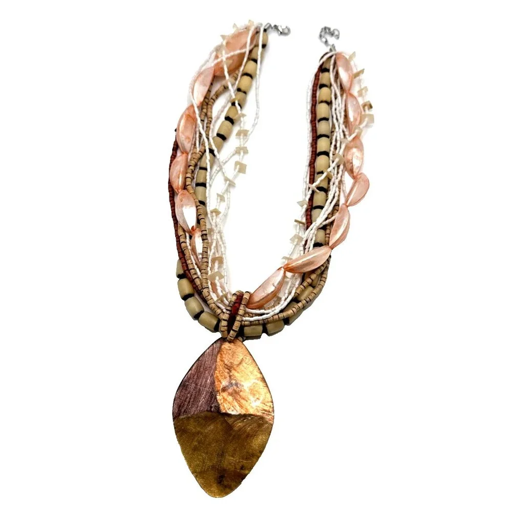 Boho Multi Strand Statement Necklace Pink Shell Beads Wood Tribal Pendant 18-20